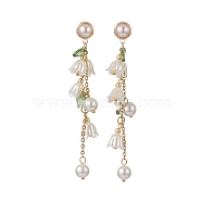 Flower ABS Plastic & Glass Pearl Dangle Stud Earrings, Golden Brass Chain Tassel Earrings for Women, Green, 90mm, Pin: 0.8mm(EJEW-JE05217)