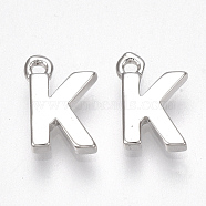 Brass Charms, Letter, Nickel Free, Real Platinum Plated, Letter.K, 8.5x6x1.5mm, Hole: 0.8mm(X-KK-S350-167K-P)