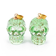 Electroplate K9 Glass Pendants, with Golden Plated Brass Bails, Drawbench, Skull, Halloween, Pale Green, 25x26~27x19mm, Hole: 5x3mm(EGLA-N009-001-G02)