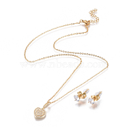 304 Stainless Steel Jewelry Sets, Brass Micro Pave Cubic Zirconia Pendant Necklaces and 304 Stainless Stud Earrings, with Plastic Ear Nuts/Earring Back, Heart, Golden, 17.72 inch(45cm), 1.5mm, 15x5.5mm, Pin: 0.7mm(SJEW-F214-04G)