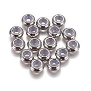 304 Stainless Steel Beads, with Rubber Inside, Slider Beads, Stopper Beads, Rondelle, Stainless Steel Color, 10x4~5mm, Hole: 5mm, Rubber Hole: 3.5mm(STAS-L222-41C-P)