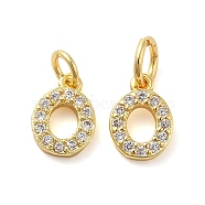 Brass Micro Pave Cubic Zirconia Pendants, with Jump Ring, Letter O, 8~9x4.5~9.5x1.5mm, Hole: 3.6mm(KK-M273-02G-O)