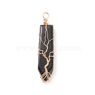 Natural Obsidian Big Pendants, with Golden Tone Copper Wire Wrapped, Sword with Tree, 63.5x14x10mm, Hole: 4.4mm(PALLOY-JF01557-05)