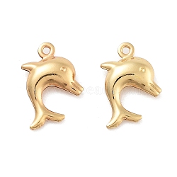 Ocean Theme 316 Surgical Stainless Steel Charms, Real 18K Gold Plated, Dolphin, 15x12x3.5mm, Hole: 1mm(STAS-B072-01G-01)