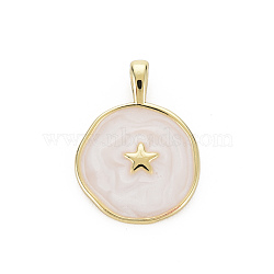 Brass Enamel Pendants, Cadmium Free & Nickel Free & Lead Free, Real 16K Gold Plated, Flat Round with Star, White, 20.5x15.5x4.5mm, Hole: 2.5x3mm(KK-Q283-057G-NR)