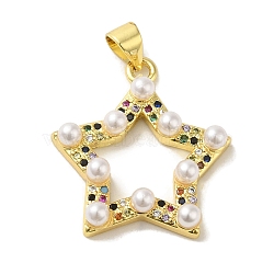 Brass Micro Pave Cubic Zirconia Pendants, with ABS Beads, Real 18K Gold Plated, Star, 24x22x5mm, Hole: 5x3.5mm(KK-Z042-29G-03)