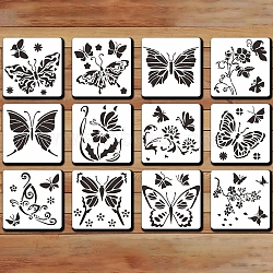PET Plastic Drawing Painting Stencils Templates, Square with Butterfly Pattern, White, 16x16cm, 12pcs/set(BUER-PW0001-099)