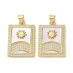 Brass Micro Pave Clear Cubic Zirconia Pendants, with Shell, Real 18K Gold Plated, Sun, 24x17x3mm, Hole: 5x3.5mm(KK-B083-35C-G)
