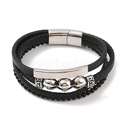 Braided Microfiber Leather Multi-strand Bracelets, 304 Stainless Steel & Black Glass Bracelets for Men, Skull, 8-5/8x1-1/8 inch(22x3cm)(BJEW-B096-06C)