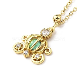 Cubic Zirconia Pumpkin Carriage Pendant Necklace with Synthetic Crystal Beads, Gold Plated Brass Jewelry for Women, Spring Green, 17.13 inch(43.5cm)(NJEW-G016-01B)