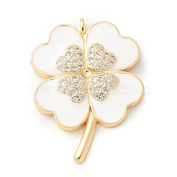 Brass Micro Pave Cubic Zirconia Pendants, with Enamel, Clover Charms, White, 27x20x3mm, Hole: 1.4mm(KK-U053-25G-01)