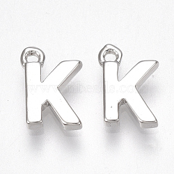 Brass Charms, Letter, Nickel Free, Real Platinum Plated, Letter.K, 8.5x6x1.5mm, Hole: 0.8mm(X-KK-S350-167K-P)