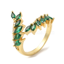 Leaf Brass Micro Pave Cubic Zirconia Open Cuff Rings, for Women, Lead Free & Cadmium Free, Real 18K Gold Plated, Green, US Size 7 1/4(17.5mm)(RJEW-U008-05A-G)