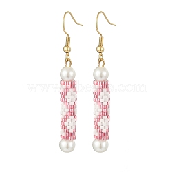 Glass Pearl & Seed Column Dangle Earrings, Golden 304 Stainless Steel Jewelry for Women, Pearl Pink, 54mm, Pin: 0.7mm(EJEW-MZ00059-02)