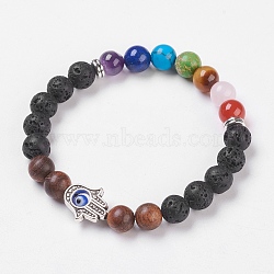 Chakra Jewelry, Natural Lava Rock Stretch Bracelets, with Natural & Synthetic Mixed Stone and Sandalwood, Evil Eye Lampwork and Alloy Findings, Hamsa Hand, Burlap Packing, 2 inch(5.2cm)(X-BJEW-JB03773-01)