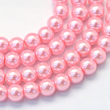 Baking Painted Pearlized Glass Pearl Round Bead Strands, Pink, 8~9mm, Hole: 1mm, about 100~105pcs/strand, 31.4 inch