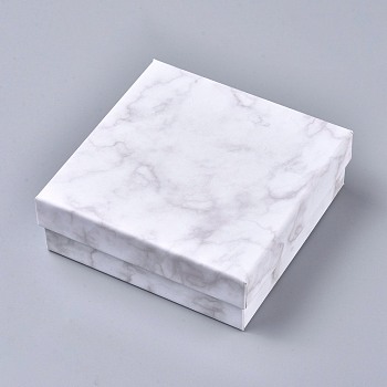 Square Kraft Cardboard Jewelry Boxes, Marble Pattern Necklace Pendant Boxes, with Black Sponge, White, 11.2x11.2x3.8cm