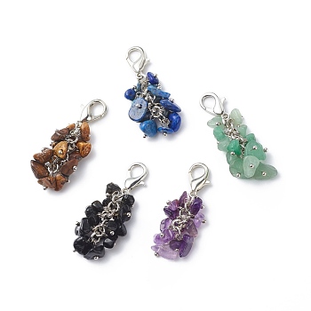 Gemstone Chips Cluster Pendant Decorations, Lobster Clasp Charms, Clip-on Charms, for Keychain, Purse, Backpack Ornament, Stitch Marker, 45mm