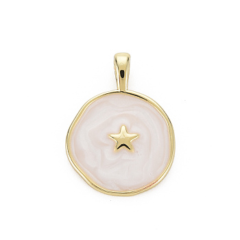 Brass Enamel Pendants, Cadmium Free & Nickel Free & Lead Free, Real 16K Gold Plated, Flat Round with Star, White, 20.5x15.5x4.5mm, Hole: 2.5x3mm