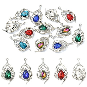 12Pcs 6 Colors Alloy Glass Pendants, Teardrop Charm, with Rhinestone, Faceted, Mixed Color, 31.5x15.5x5mm, Hole: 1.4mm, 2pcs/color