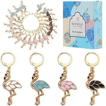 Flamingo Pendant Stitch Markers, Alloy Enamel Crochet Leverback Hoop Charms, Locking Stitch Marker with Wine Glass Charm Ring, Mixed Color, 4.6cm, 4 color, 6pcs/color, 24pcs/box