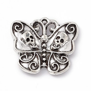 Tibetan Style Alloy Pendants, Butterfly with Skull Charm, Antique Silver, 20.5x23x4mm, Hole: 1.2mm