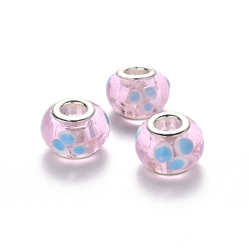Handmade Lampwork European Beads, Large Hole Beads, with Platinum Tone Brass Double Cores, Rondelle with Dot Pattern, Light Sky Blue, 14x9~10mm, Hole: 5mm
