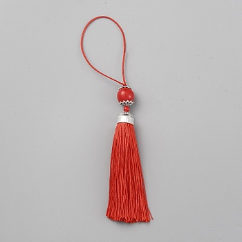 Polyester Tassel Big Pendants Decorations, with Acrylic Beaded and Platinum Alloy Findings, Red, 188mm