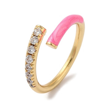 Rack Plating Brass Cubic Zirconia Open Cuff Rings for Women, with Enamel, Cadmium Free & Lead Free, Hot Pink, Inner Diameter: 17mm