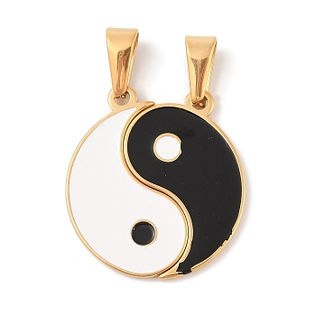 304 Stainless Steel Split Pendants, with Enamel, Flat Round with Yin-yang Charm, Golden, 30.5x15.5x2mm, Hole: 8.5x4.5mm