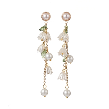 Flower ABS Plastic & Glass Pearl Dangle Stud Earrings, Golden Brass Chain Tassel Earrings for Women, Green, 90mm, Pin: 0.8mm