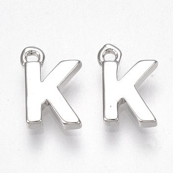 Brass Charms, Letter, Nickel Free, Real Platinum Plated, Letter.K, 8.5x6x1.5mm, Hole: 0.8mm