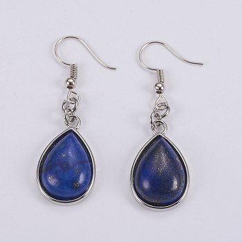 Natural Lapis Lazuli Dangle Earrings, with Brass Findings, teardrop, 50mm, Pin: 0.7mm