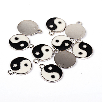 Feng Shui Yin Yang Pattern Zinc Alloy Enamel Pendants, White and Black, Platinum, 24.8x20.7mm, Hole: 2mm