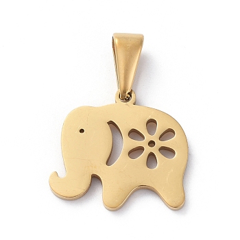 304 Stainless Steel Pendants, Elephant with Flower, Golden, 17x18x1.5mm, Hole: 8x3mm