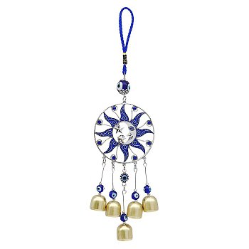 Alloy Enamel Sun Pendant Decorations, with Metal Bell and Blue Evil Eye for Car Hanging Decoration, Blue, 385x95mm