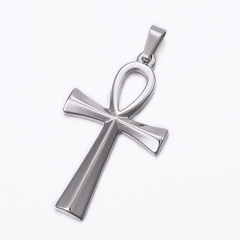 Non-Tarnish 304 Stainless Steel Pendants, with 201 Stainless Steel Snap on Bails, Ankh Cross, Stainless Steel Color, 44.5x25.5x3mm, Hole: 8x4mm