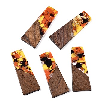 Opaque Resin & Walnut Wood Pendants, with Glitter Powder, Trapezoid, Orange, 49x19x3.5mm, Hole: 2mm