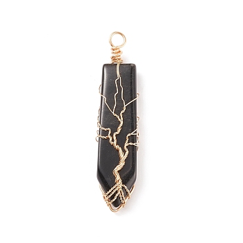 Natural Obsidian Big Pendants, with Golden Tone Copper Wire Wrapped, Sword with Tree, 63.5x14x10mm, Hole: 4.4mm