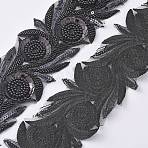Polyester Paillette Lace Trims, with Plastic & Glass Beads, Floral Pattern, Black, 3-1/2 inch(90mm)(OCOR-WH0071-025B)