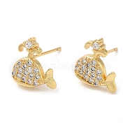 Rack Plating Brass Whale Stud Earrings with Cubic Zirconia, Lead Free & Cadmium Free, Real 18K Gold Plated, 12x11mm(EJEW-D061-42G)