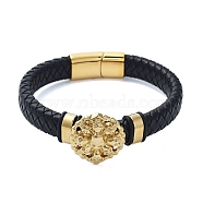 Men's Braided Black PU Leather Cord Bracelets, Skull 304 Stainless Steel Link Bracelets with Magnetic Clasps, Golden, 8-3/4x1-1/8 inch(22.3x2.7cm)(BJEW-K243-45G)