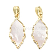 Brass Pave Natural Shell Pendants, Leaf Charms, Real 18K Gold Plated, 20x9x2mm, Hole: 4x2.5mm(KK-C051-16G)