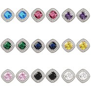 Cubic Zirconia Rhombus Stud Earrings, Rack Plating Platinum Brass Jewelry for Women, Mixed Color, 15x15mm(EJEW-I304-15P)