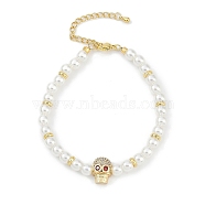 Rack Plating Brass Micro Pave Cubic Zirconia Charm Bracelets, with ABS Imitation Pearl Beads, Cadmium Free & Lead Free, Long-Lasting Plated, Real 18K Gold Plated, Skull, Siam, 7-1/4 inch(18.3cm)(BJEW-P341-11G-01)