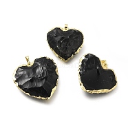 Natural Obsidian Pendants, Heart Charms, with Rack Plating Brass Findings, Golden, 31~36.5x31.5~37.5x8.5~10.5mm, Hole: 7x4.5mm(G-P487-04G)