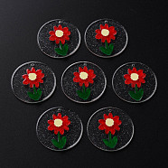 Cellulose Acetate(Resin) Pendants, with Glitter Powder, Flat Round with Flower, Red, 30x4mm, Hole: 1.4mm(KY-N015-75)