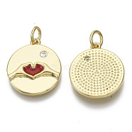 Brass Micro Pave Cubic Zirconia Pendants, with Enamel & Jump Rings, Nickel Free, Valentine's Day, Flat Round with Heart, Clear, Real 18K Gold Plated, Red, 18x16x2.5mm, Jump Ring: 5.5x0.8mm, inner diameter: 3mm.(KK-S061-34B-G-NF)