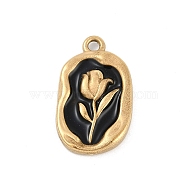 304 Stainless Steel Enamel Pendants, Oval with Flower Charms, Real 18K Gold Plated, Ion Plating(IP), Black, 20x12x3mm, Hole: 1.6mm(STAS-I325-038G)