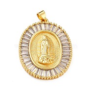 Brass Micro Pave Clear Cubic Zirconia Pendants, Oval with Virgin Mary, Real 18K Gold Plated, 33.5x25.5x3.5mm, Hole: 4x3mm(ZIRC-A021-35G)